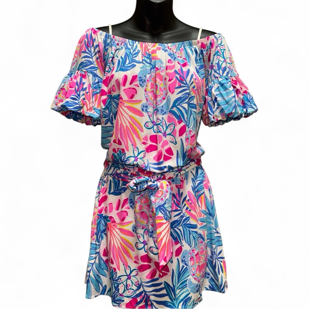 Lilly Pulitzer Samia Off Shoulder Pink Blue Romper size XS